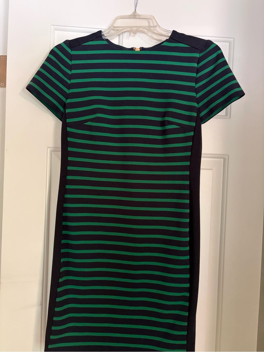 Michael Kors Navy and Green Striped Short Sleeve shift dress.